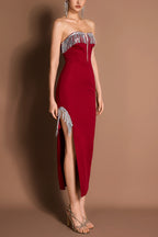 Sequin Tassel Off-Shoulder Slit Midi Dress