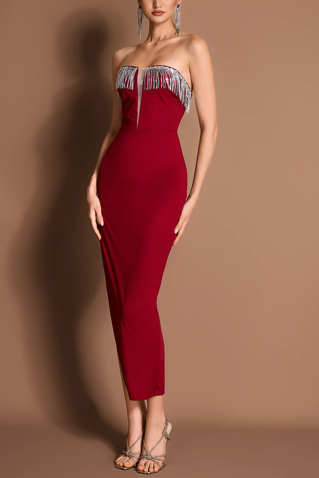 Sequin Tassel Off-Shoulder Slit Midi Dress