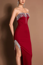 Sequin Tassel Off-Shoulder Slit Midi Dress