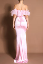 Mesh Ruffle Off-Shoulder Top & Satin Maxi Skirt Set