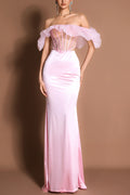 Mesh Ruffle Off-Shoulder Top & Satin Maxi Skirt Set