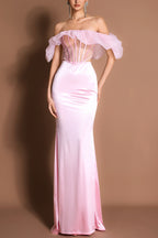 Mesh Ruffle Off-Shoulder Top & Satin Maxi Skirt Set