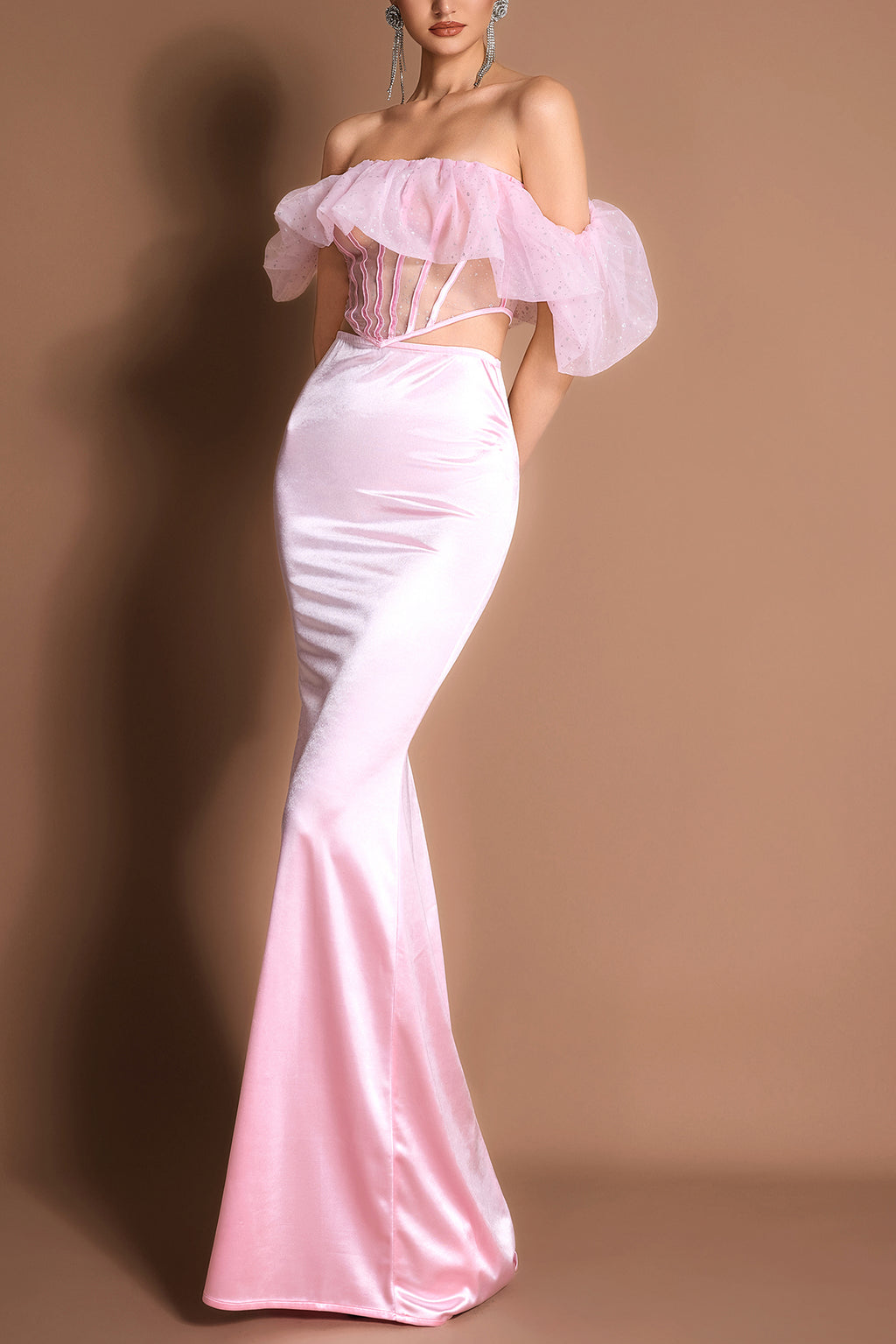 Mesh Ruffle Off-Shoulder Top & Satin Maxi Skirt Set