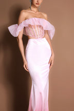 Mesh Ruffle Off-Shoulder Top & Satin Maxi Skirt Set