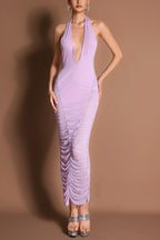 Mesh Splicing Gathering V-Neck Maxi Dress
