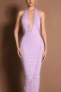 Mesh Splicing Gathering V-Neck Maxi Dress