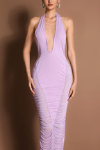 Mesh Splicing Gathering V-Neck Maxi Dress