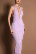 Mesh Splicing Gathering V-Neck Maxi Dress