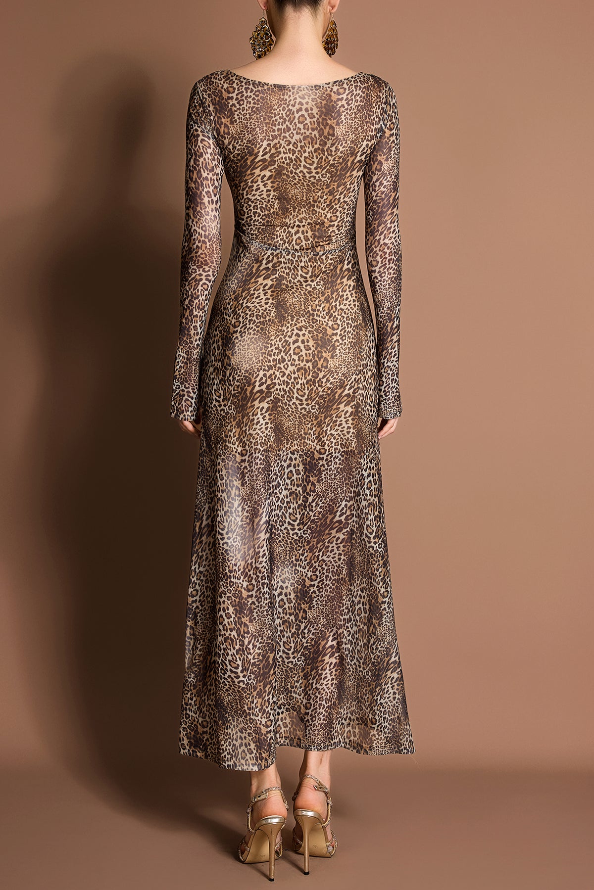 Leopard Print V-Neck Long Sleeve Midi Dress
