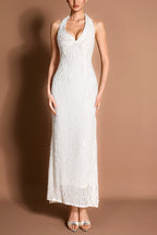 Solid Lace Tie-Up Halter Neck Maxi Dress