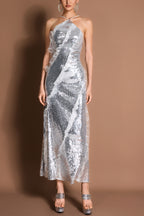 Sequin Frill Halter Neck Midi Dress