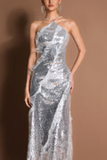 Sequin Frill Halter Neck Midi Dress