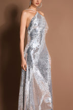 Sequin Frill Halter Neck Midi Dress