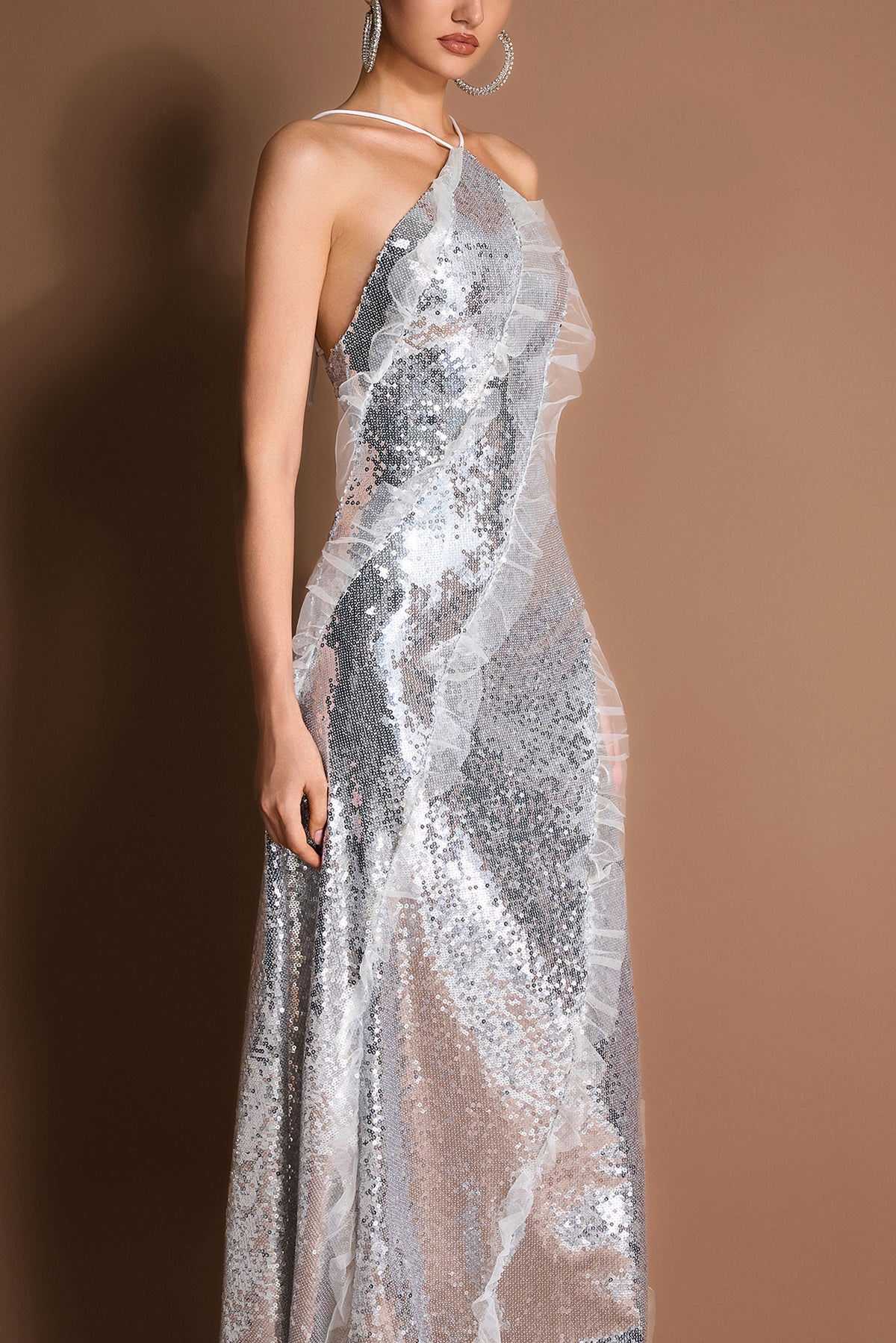 Sequin Frill Halter Neck Midi Dress