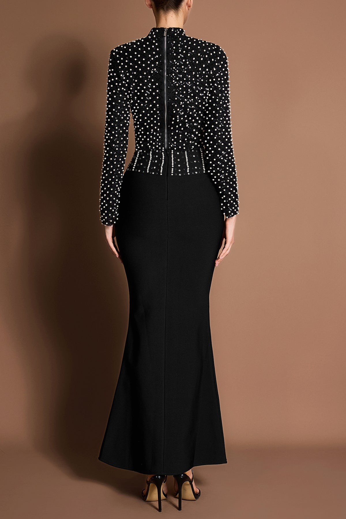 Sequin Faux Pearl Long Sleeve Top & Bangade Rivet Maxi Skirt Set