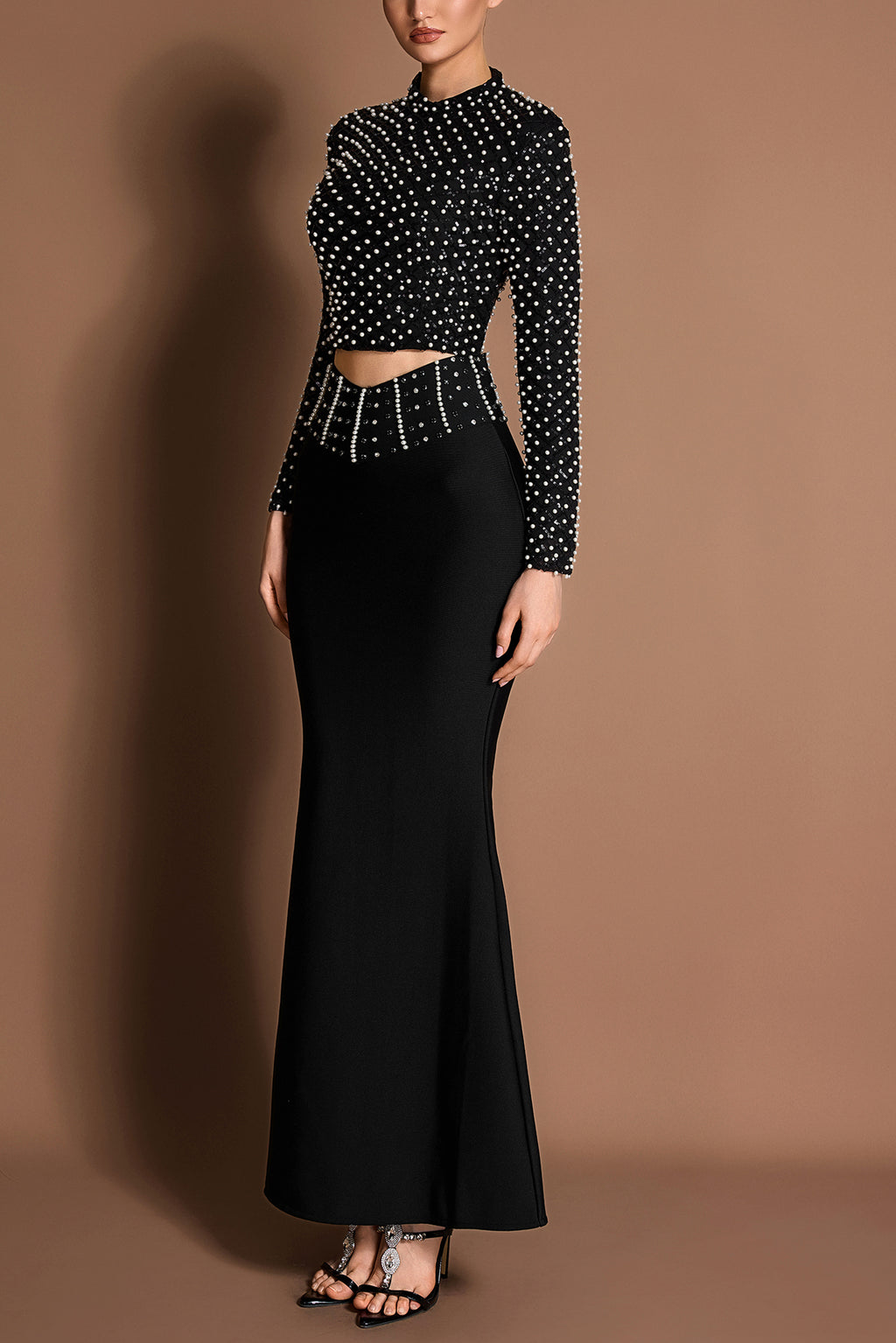 Sequin Faux Pearl Long Sleeve Top & Bangade Rivet Maxi Skirt Set