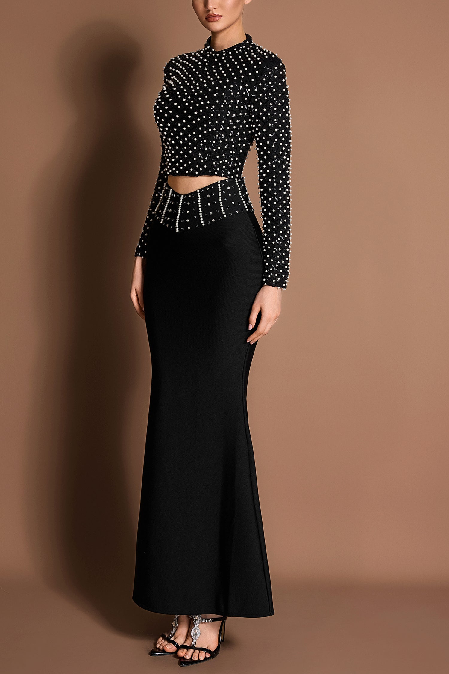Sequin Faux Pearl Long Sleeve Top & Bangade Rivet Maxi Skirt Set
