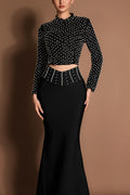 Sequin Faux Pearl Long Sleeve Top & Bangade Rivet Maxi Skirt Set