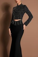 Sequin Faux Pearl Long Sleeve Top & Bangade Rivet Maxi Skirt Set