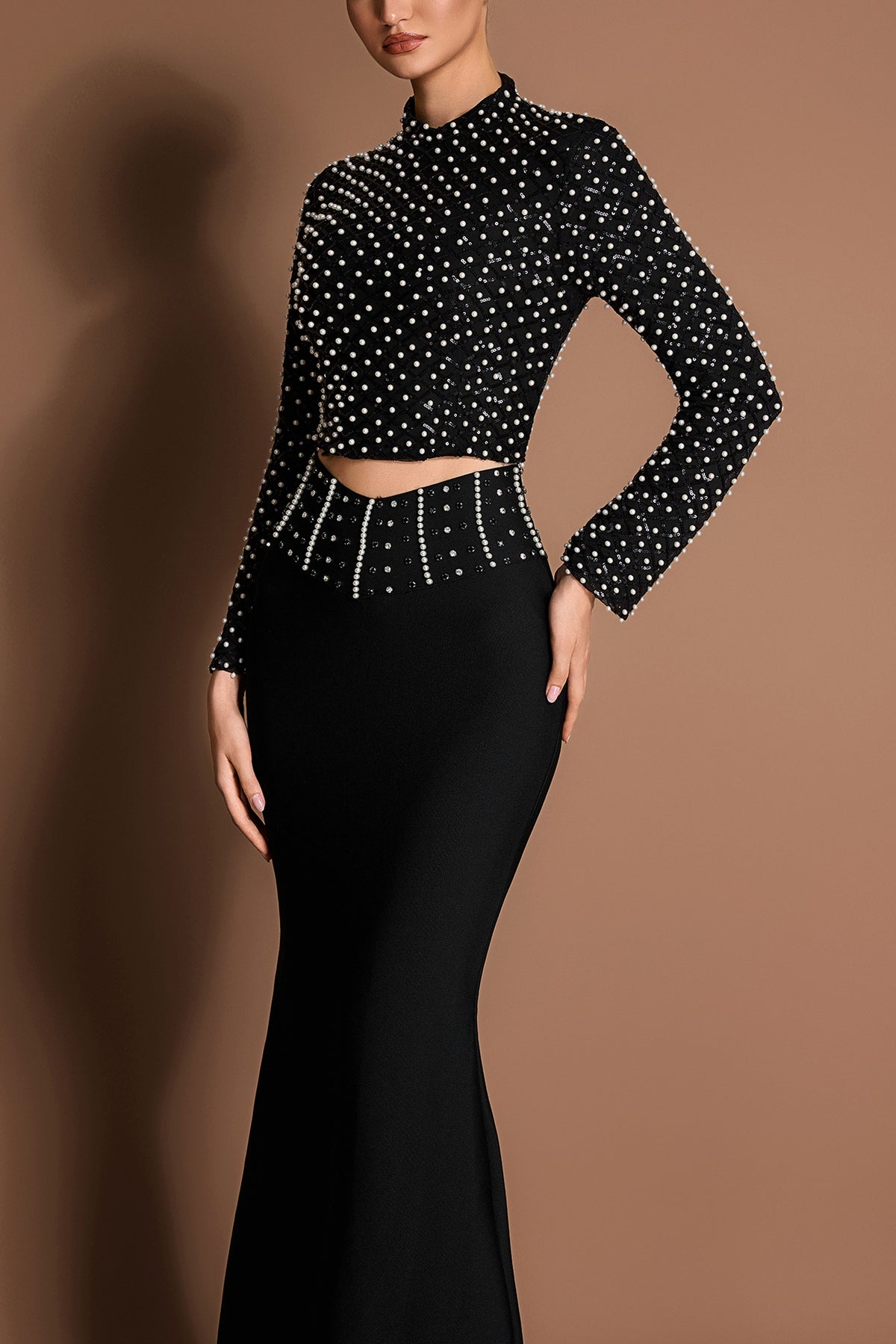 Sequin Faux Pearl Long Sleeve Top & Bangade Rivet Maxi Skirt Set