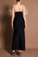 Bandage Faux Pearl Slit Off-Shoulder Maxi Dress