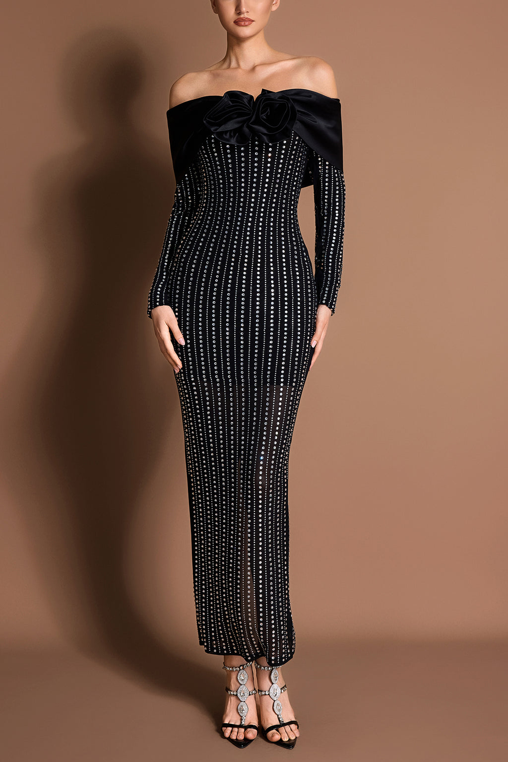 Satin 3D Flower Mesh Rhinestone Maxi Dress