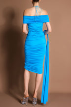 Halter Neck Decorative Rope Ruched Midi Dress