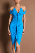 Halter Neck Decorative Rope Ruched Midi Dress