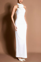 Solid 3D Flower Halter Neck Maxi Dress