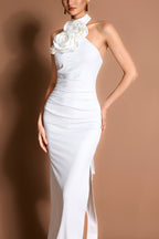 Solid 3D Flower Halter Neck Maxi Dress