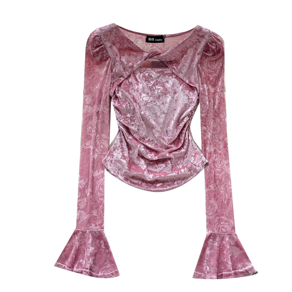 Niche Knotted Suede Flared-sleeve Top