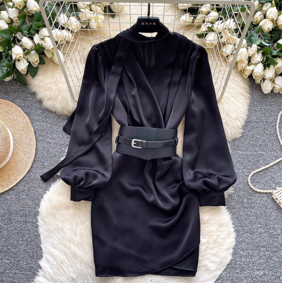 V-neck Satin Dress with Ribbon