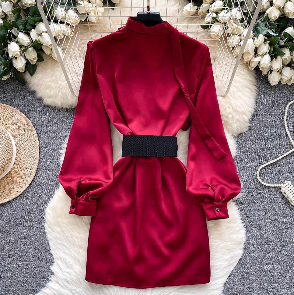 V-neck Satin Dress with Ribbon