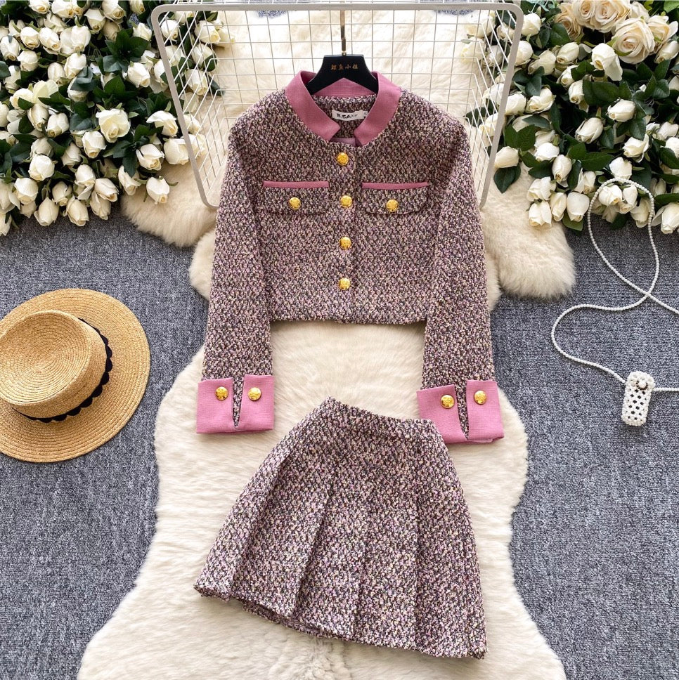 Tweed Blazer & Pleated Skirt 2Pcs