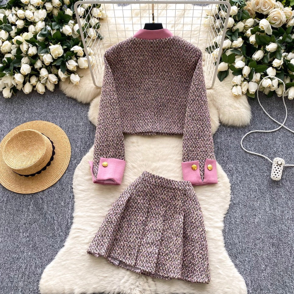 Tweed Blazer & Pleated Skirt 2Pcs