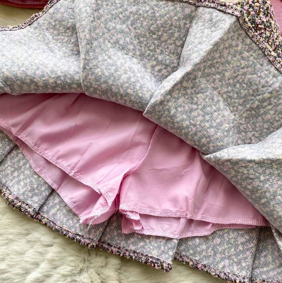 Tweed Blazer & Pleated Skirt 2Pcs