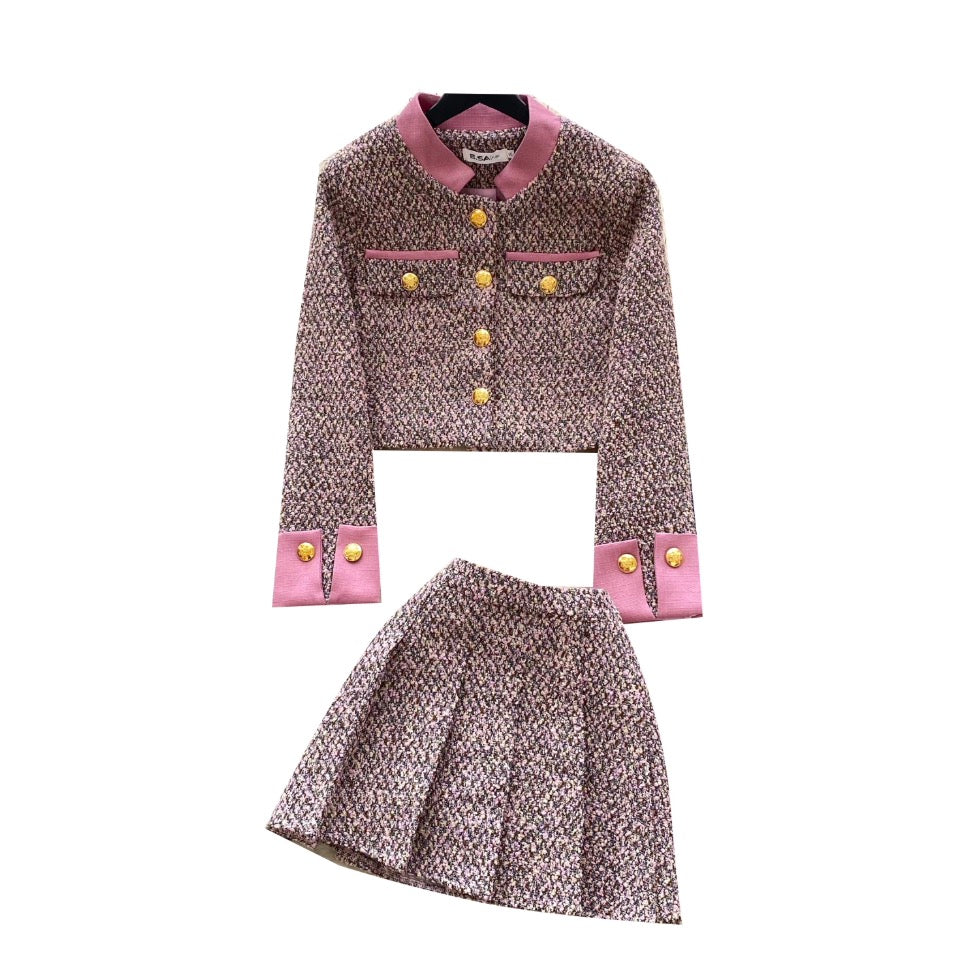 Tweed Blazer & Pleated Skirt 2Pcs