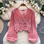 V-neck Pleated Suede Short Shirt