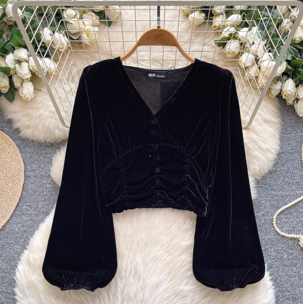 V-neck Pleated Suede Short Shirt