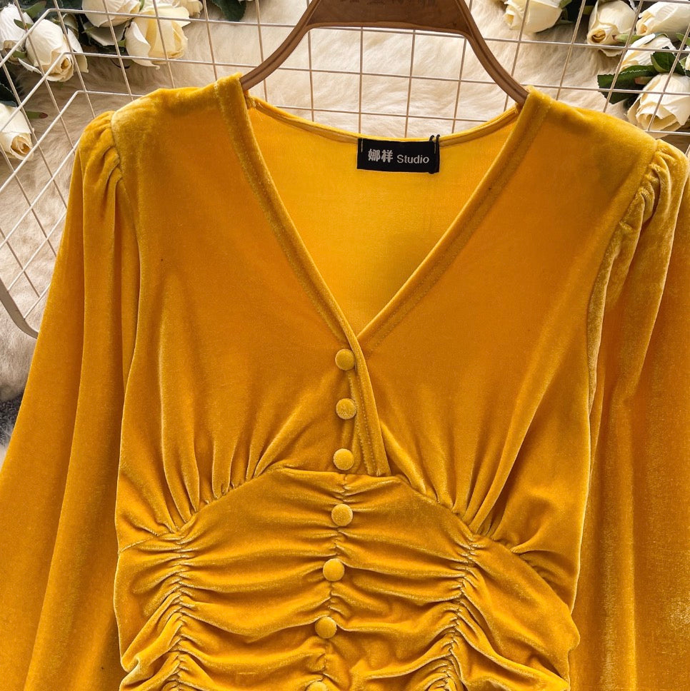 V-neck Pleated Suede Short Shirt