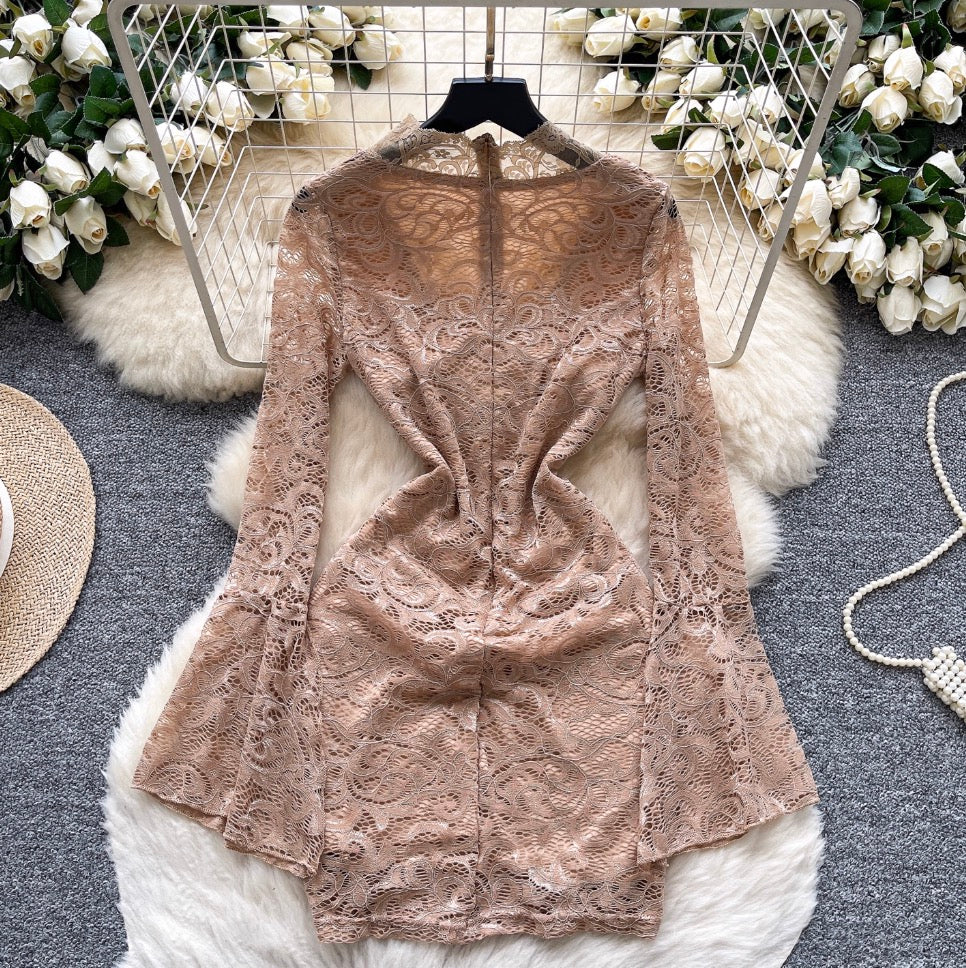 Flared Sleeve V-neck Lace Dress