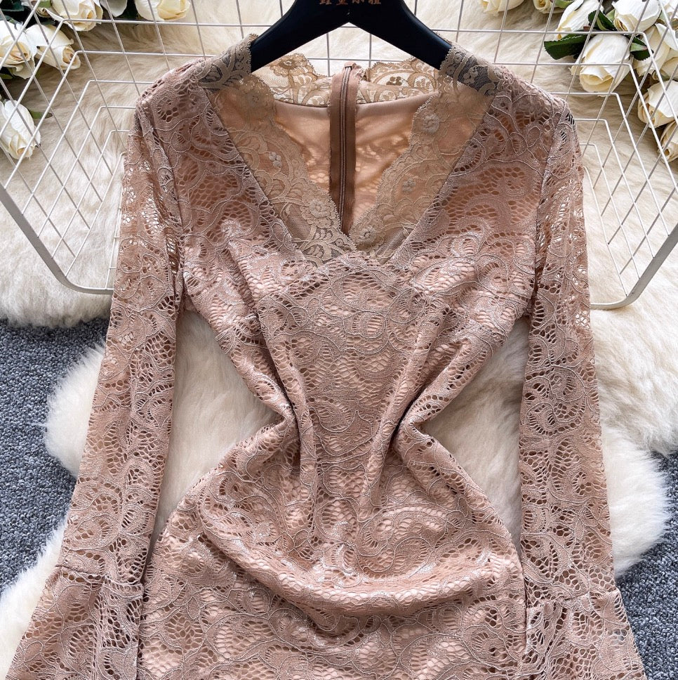 Flared Sleeve V-neck Lace Dress