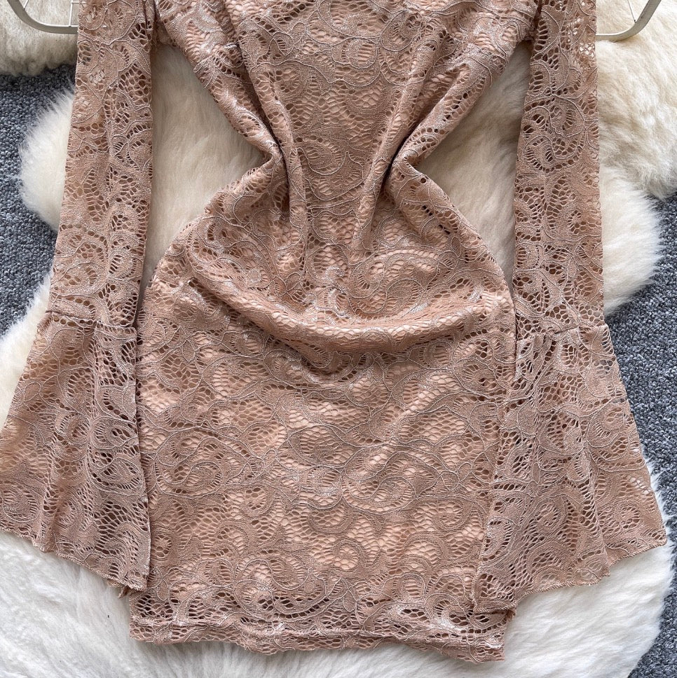 Flared Sleeve V-neck Lace Dress