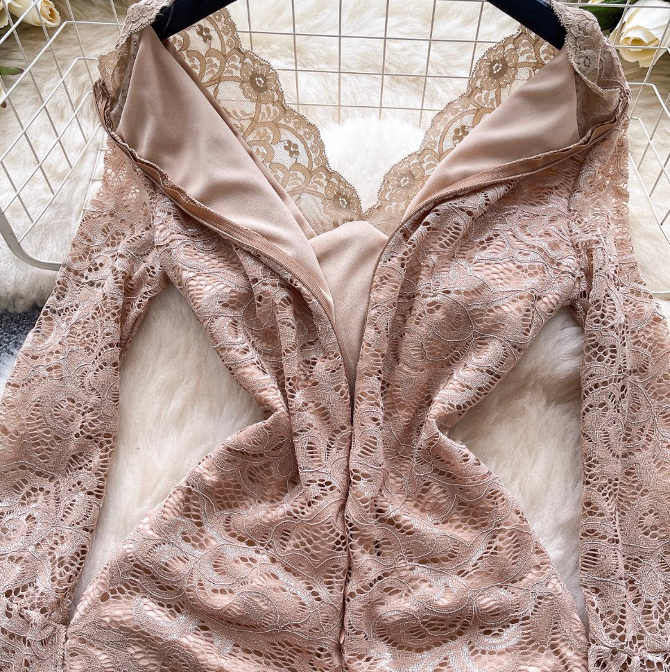 Flared Sleeve V-neck Lace Dress