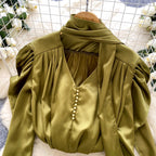 V-neck Satin Shirt with Ribbon