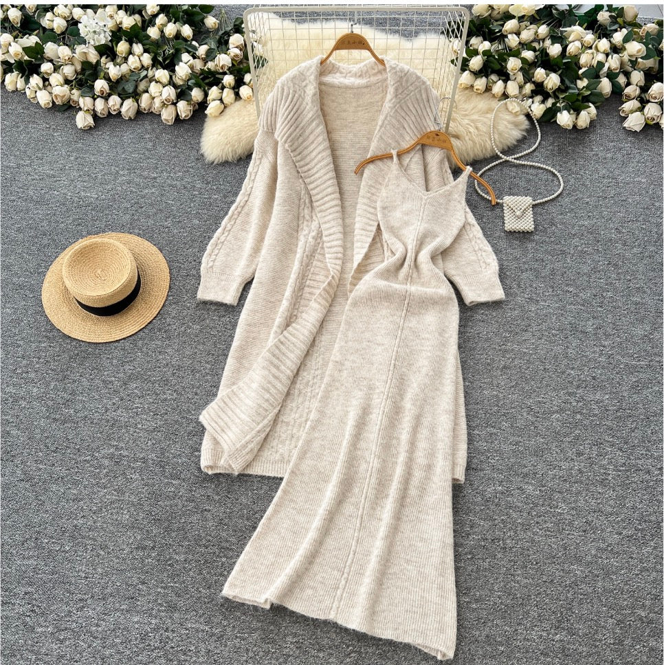 Thickened Cardigan & Slip Dress 2Pcs