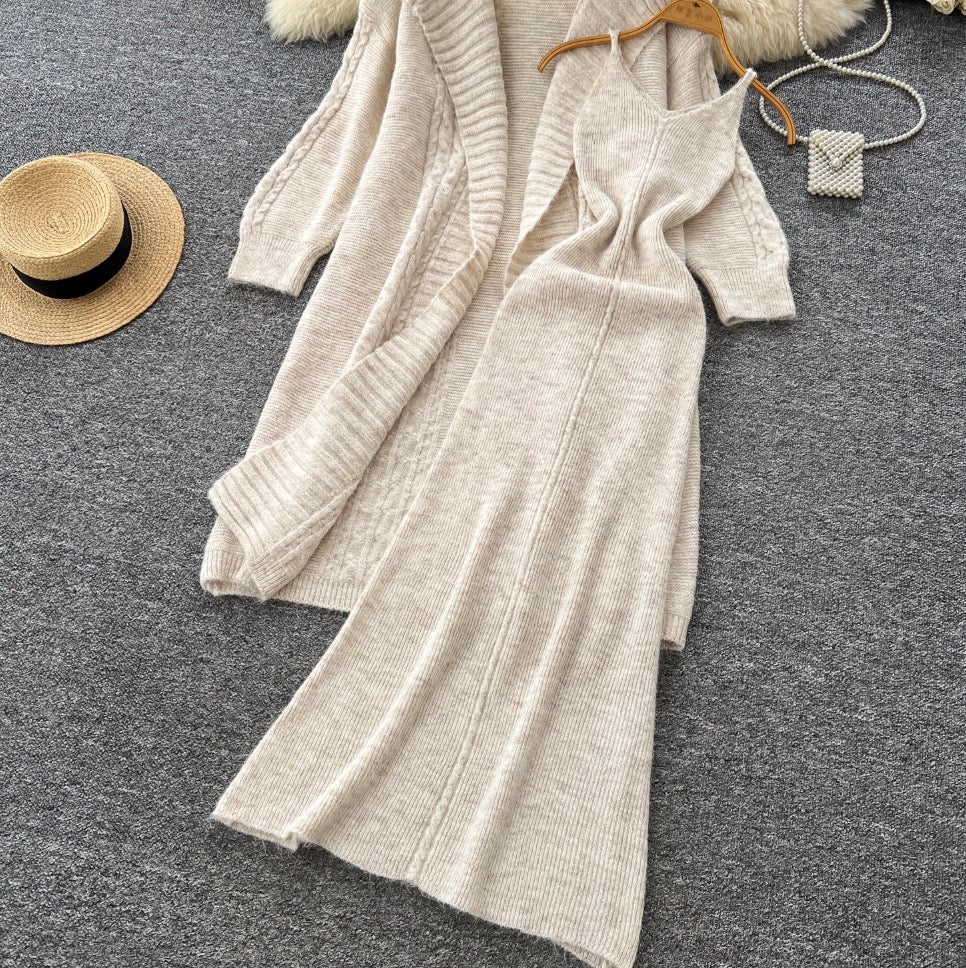 Thickened Cardigan & Slip Dress 2Pcs
