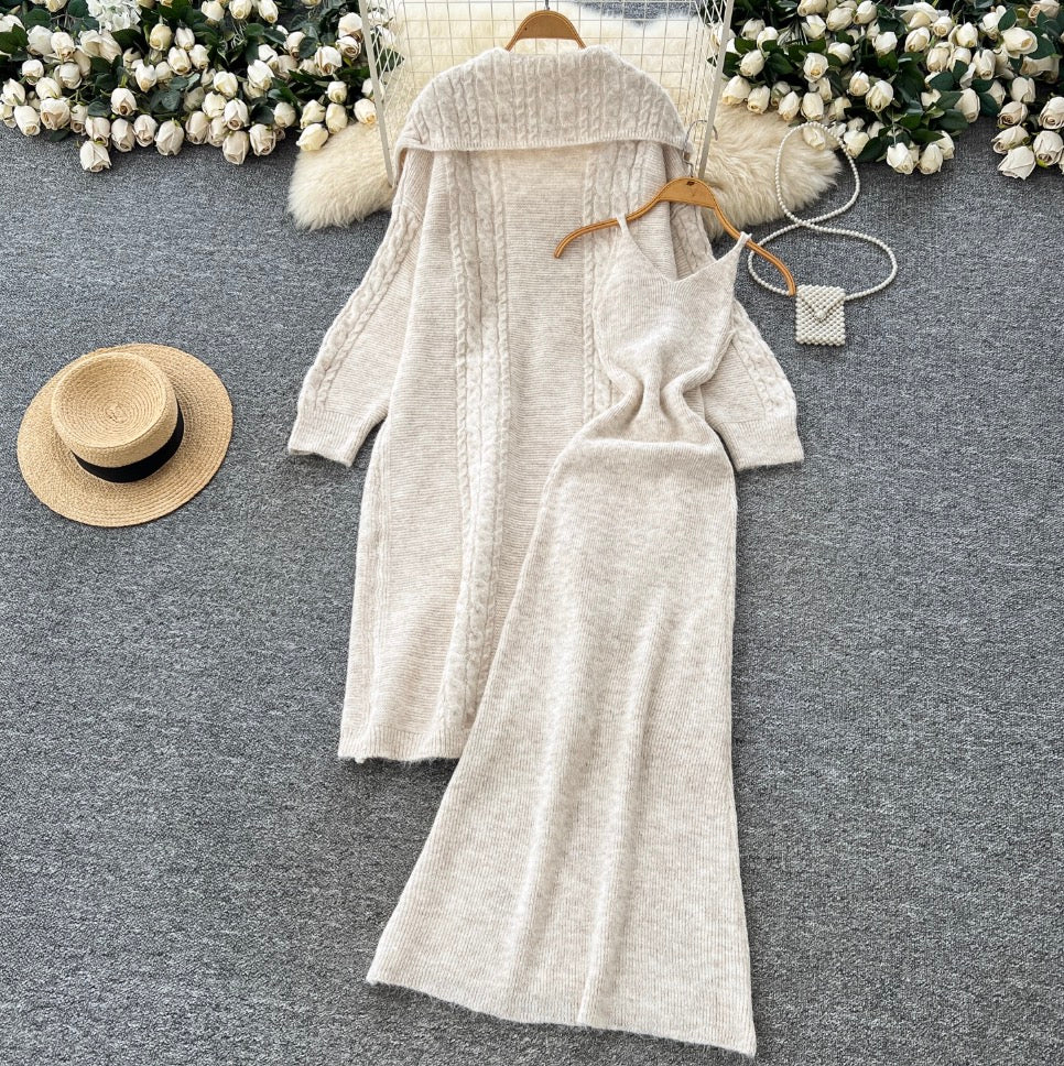 Thickened Cardigan & Slip Dress 2Pcs
