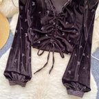 Vintage Lace-up Suede Print Top
