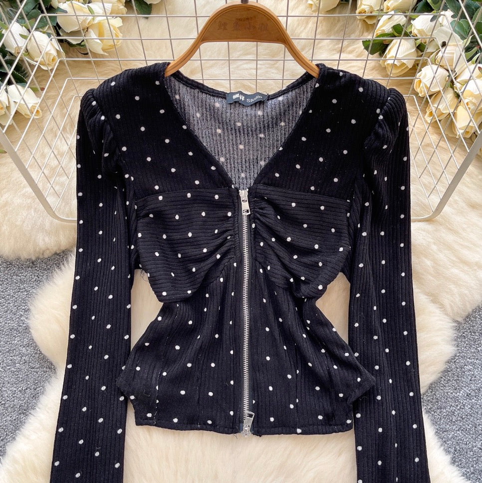 V-neck Polka Dot Zipped Top